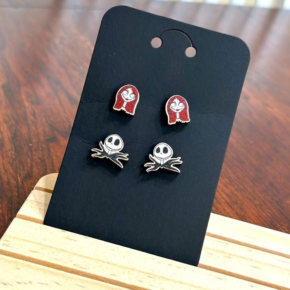 Nightmare Before Christmas Jack & Sally Wood Stud Earring Set